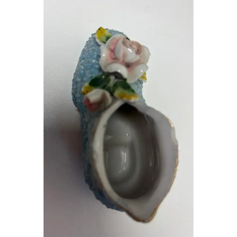 Vintage Porcelain Beaded Shoe Figurine Blue Moss Applied Rose Occupied JapaN